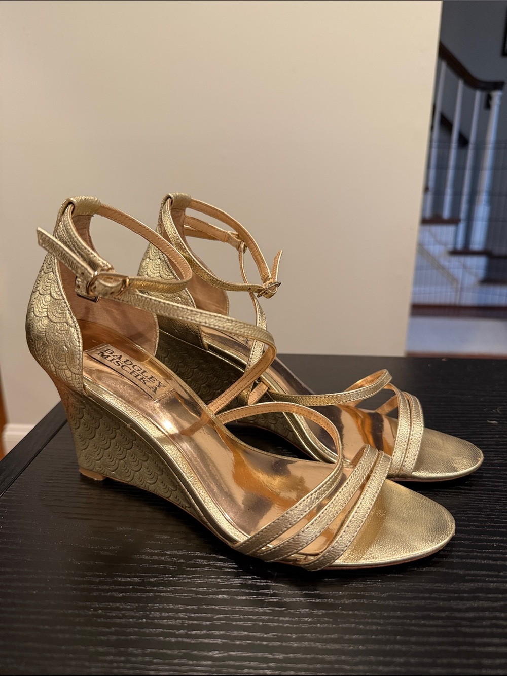 Badgley Mischka Metallic Gold Strappy Wedge Sandals